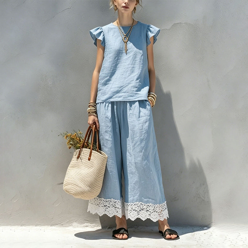 Women's Summer Ruffle Sleeve Top & Lace Hem Pants Set