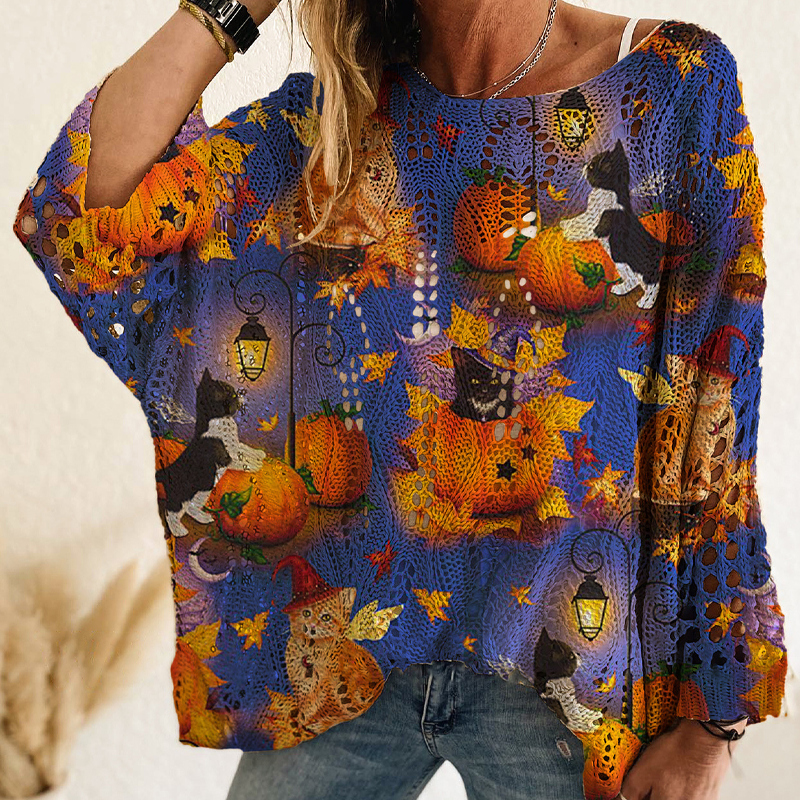 ๐Black Friday Mega Deal โ 50% off!๐๐ Latest Design | Women's Halloween Pumpkin-Print Batwing Knit Sweater