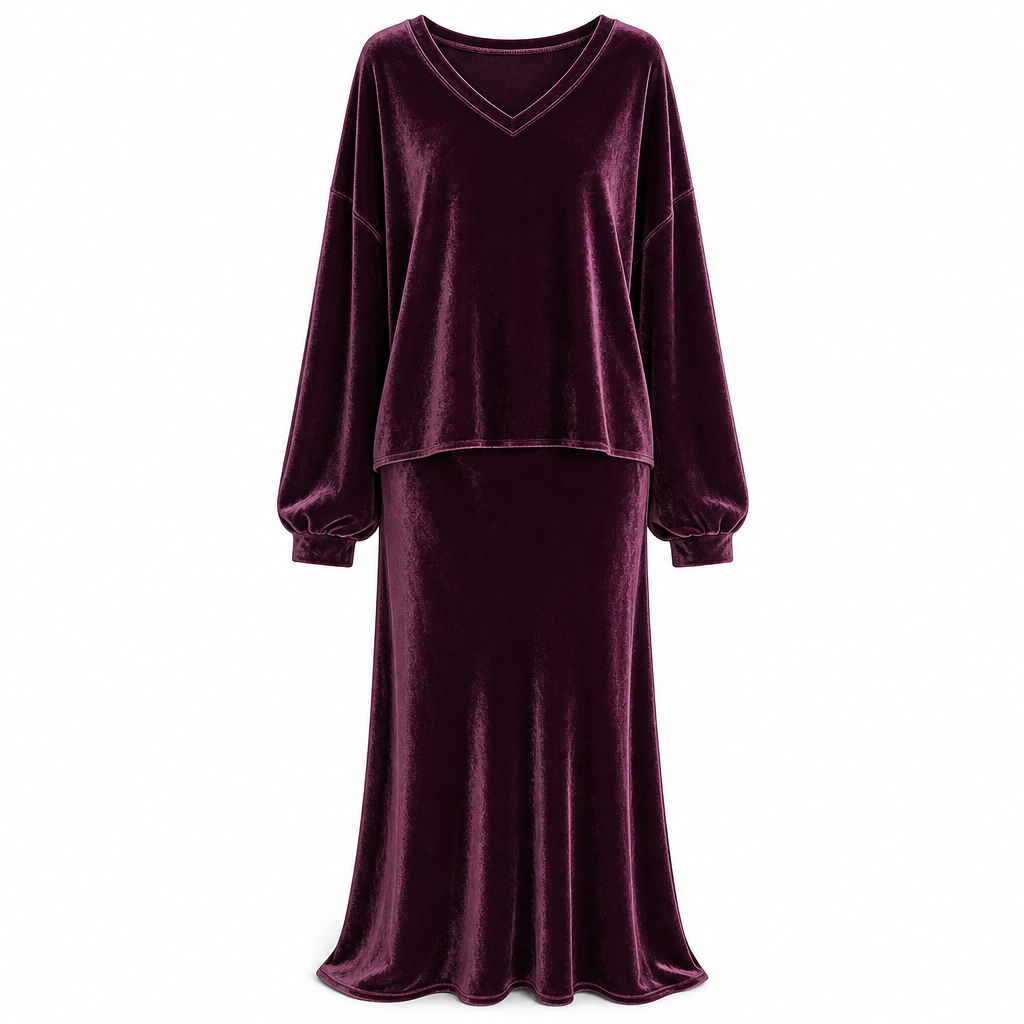 ✨Limited stock available, don’t miss out!🎉Women's Solid Color Velvet Two Piece Set with Deep V Neck Loose Sweatshirt and Flared Maxi Skirt