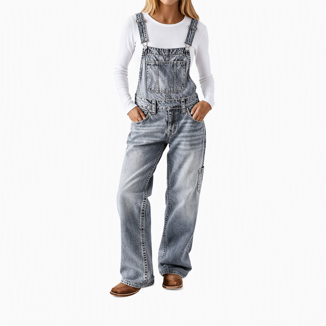 Women's Stretchy Denim Overalls Wide Leg Jumpsuit with Adjustable Straps