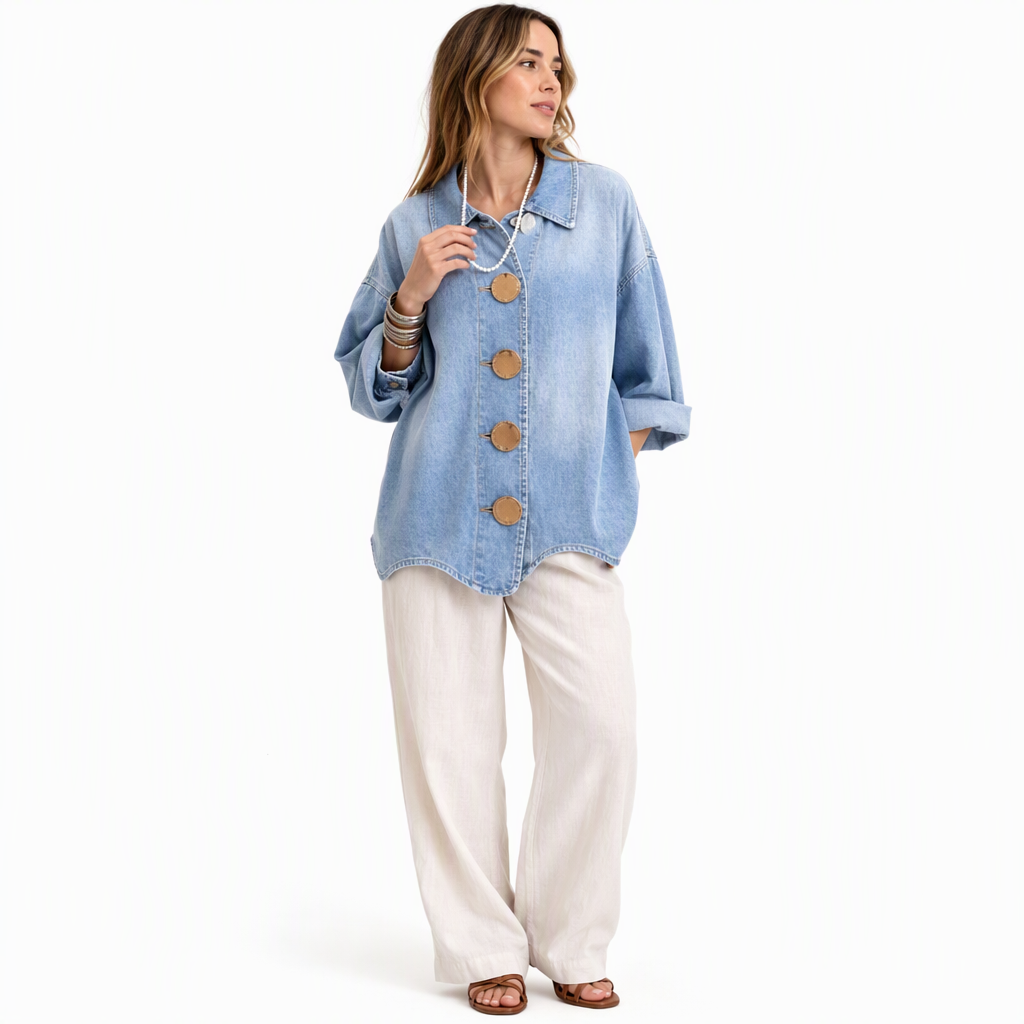 ๐ Oversized Washed Denim Shirt Coat with Statement Gold Buttons and Lantern Sleeves