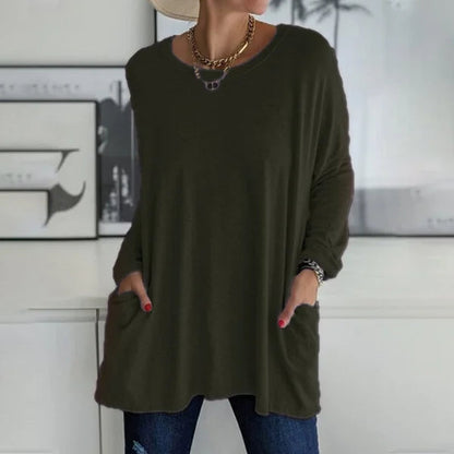 💞 Women's Round Neck Long Sleeve Loose Pocket T-Shirt