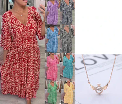 💖LAST DAY SALE 50% OFF💖Bohemian Casual Print V-neck Waist Wrap Long Dress