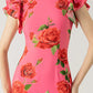 Cheongsam-Stil Rosafarbene Blumenmuster Tiered Flare-Ärmel Stretch-Maxikleid