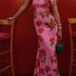 Cheongsam-Stil Rosafarbene Blumenmuster Tiered Flare-Ärmel Stretch-Maxikleid