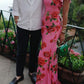 Cheongsam-Stil Rosafarbene Blumenmuster Tiered Flare-Ärmel Stretch-Maxikleid