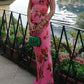 Cheongsam-Stil Rosafarbene Blumenmuster Tiered Flare-Ärmel Stretch-Maxikleid