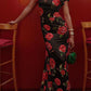Cheongsam-Stil Rosafarbene Blumenmuster Tiered Flare-Ärmel Stretch-Maxikleid