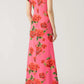Cheongsam-Stil Rosafarbene Blumenmuster Tiered Flare-Ärmel Stretch-Maxikleid