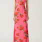 Cheongsam-Stil Rosafarbene Blumenmuster Tiered Flare-Ärmel Stretch-Maxikleid