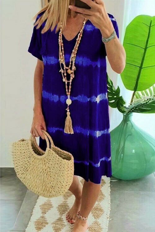 👗 50% OFF NOW! 🌈 Tie-Dye Striped Short Sleeve T-Shirt Dress – Soft & flowy – Perfect for summer, beach or casual days – comfortable and stylish 🌊✨