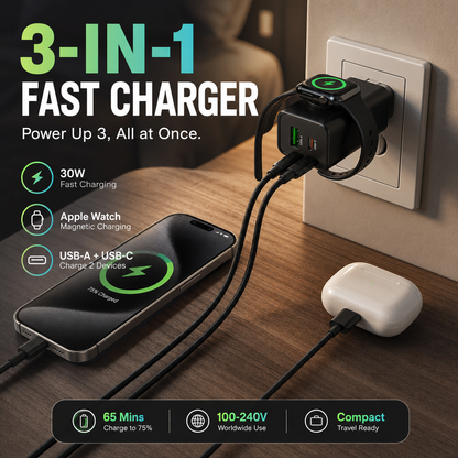 🎉 New Hot Sale — Over 50,000 Sold!🔌3-in-1 Wireless Wall Charger for Watch – 30W Fast Charge & Magnetic Dock ⚡