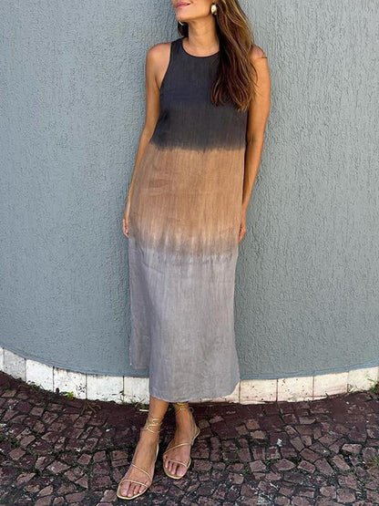 💃Lässiges langes Kleid aus Baumwolle und Leinen, ärmellos, mit Schlitz und Farbverlauf