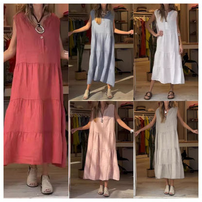👗48% Rabatt🌸Ärmelloses, gestuftes langes Damenkleid mit V-Ausschnitt und Knöpfen