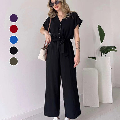 💖Freizeit-Jumpsuit mit V-Ausschnitt und kurzen Ärmeln für Damen