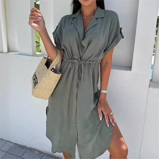 💥50 % RABATT👗Einfarbiges Kleid mit Revers und Knopfleiste an der Taille