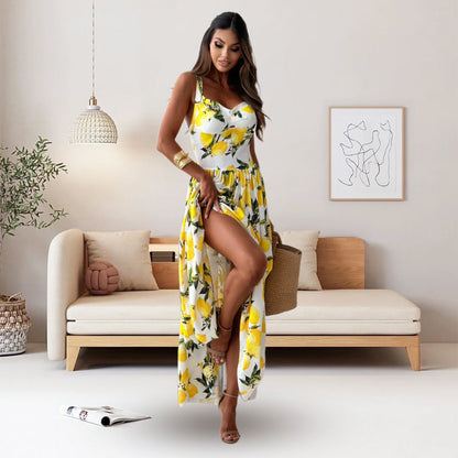 🍋Elegantes langes Kleid mit Spaghettiträgern und Zitronendruck für Frauen