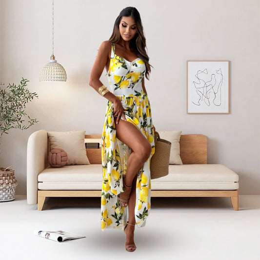 🍋Elegantes langes Kleid mit Spaghettiträgern und Zitronendruck für Frauen