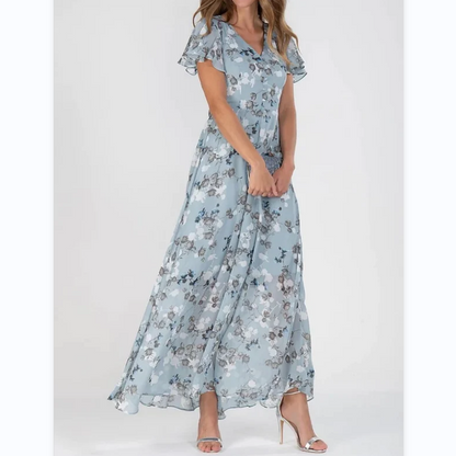 Kurzärmeliges langes Kleid mit Blumendruck