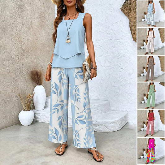 Modische Zweiteilige Damen-Outfits mit bedrucktem ärmellosen Oberteil & Hose