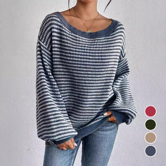 Locker sitzender, schulterfreier, gestreifter Strickpullover für Damen