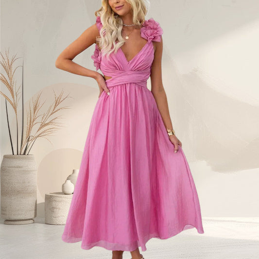 Luxe Lady Floral Ruffle Detail Rücken Schnürung Elastische Taille Maxi Kleid