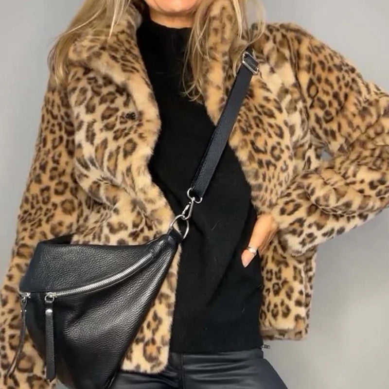 🍂❄️Neu Herbst/Winter🐆Flauschiger Kurzmantel mit Leoparden-Print für Damen