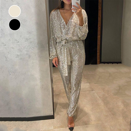 Glitzernde Damen Jumpsuits mit V-Ausschnitt und Gürtel