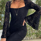 Spitzenkleid mit Trompetenärmel, Schlitzsaum und Taillenschnitt
