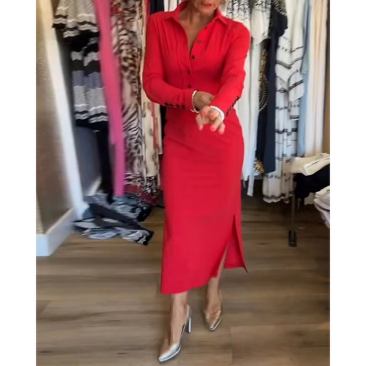 💥56% RABATT!! 🌹Sexy rotes langärmliges Reverskleid für Damen