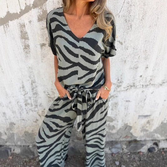 ✨Was soll ich morgen anziehen?✨ Zweiteiliges Set aus Oberteil und Hose mit V-Ausschnitt und Zebra-Print für Damen