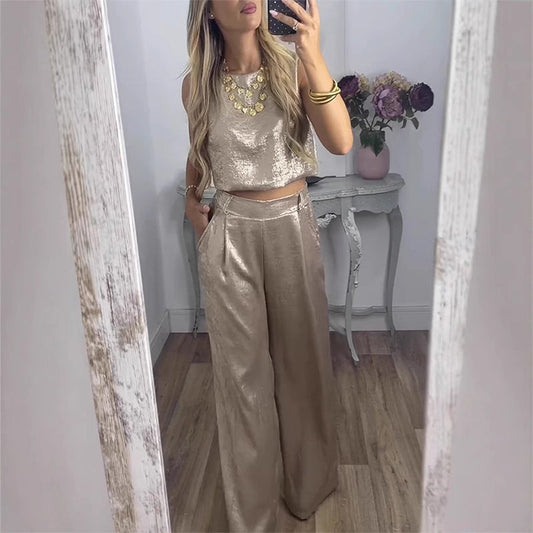 Glänzendes 2-teiliges Damen-Outfit Tank-Top & Hose mit weitem Bein