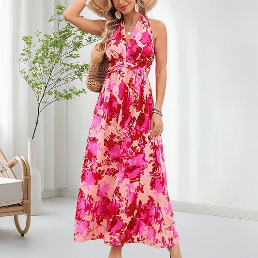 Frauen Boho Blumen Träger V-Ausschnitt Halterkleid