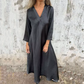 Damen V-Ausschnitt Langarm Baumwoll-Leinen Kleid