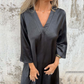 Damen V-Ausschnitt Langarm Baumwoll-Leinen Kleid