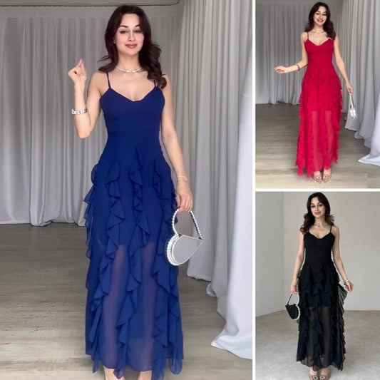 Elegantes Spaghetti-Träger-Rüschen-Maxi-Kleid für Damen mit mehreren Schichten