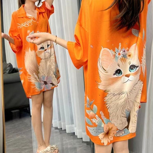 Niedliche Katze Print Atmungsaktives Kleid