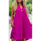 Einfarbiges ärmelloses Kleid mit V-Ausschnitt und Knopfverzierung