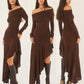 Temperament Off Shoulder Langarm Unregelmäßiger Saum Stretch Maxikleid