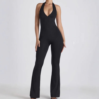 Unifarbener tief ausgeschnittener dehnbarer ärmelloser Jumpsuit