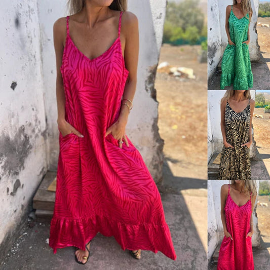 Damen Maxikleid mit Druck und Spaghettiträgern