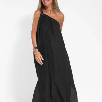 Solid Color Slant Shoulder Side Split Dress