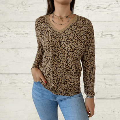 Stylisches langärmeliges Top mit V-Ausschnitt und Leopardenmuster