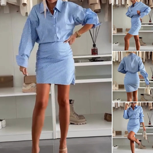 💖💖Langärmliges gestreiftes Hemdkleid mit Revers💖💖