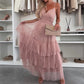 Damen Elegantes Tüll-Maxikleid mit Stufen und Spaghettiträgern