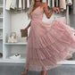 Damen Elegantes Tüll-Maxikleid mit Stufen und Spaghettiträgern