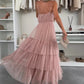 Damen Elegantes Tüll-Maxikleid mit Stufen und Spaghettiträgern