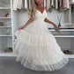 Damen Elegantes Tüll-Maxikleid mit Stufen und Spaghettiträgern