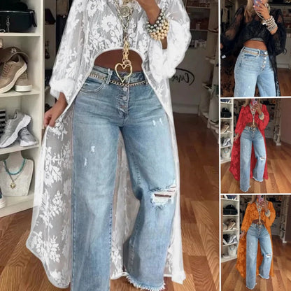 Durchsichtiges, elegantes Maxi-Top mit Spitzenmuster
