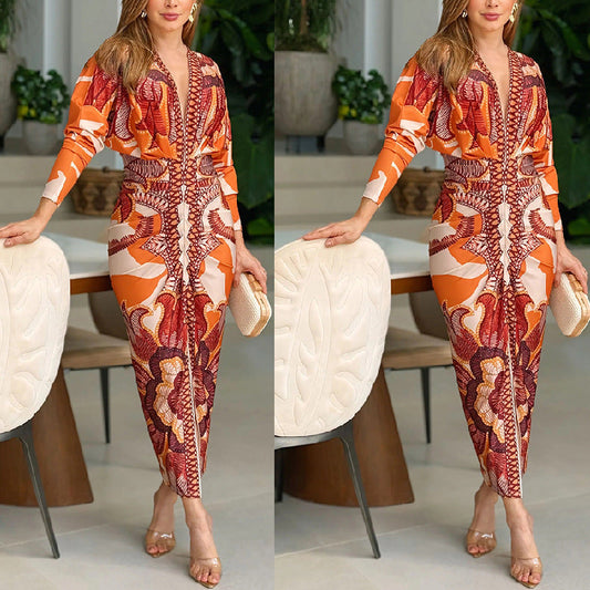 Elegantes, figurbetontes Kleid mit V-Ausschnitt und Print für Damen